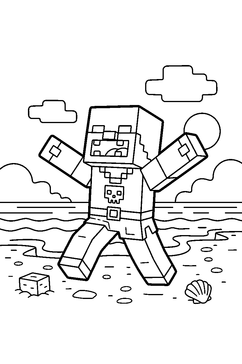 minecraft pillager roaring playfully on an ocean shore line art