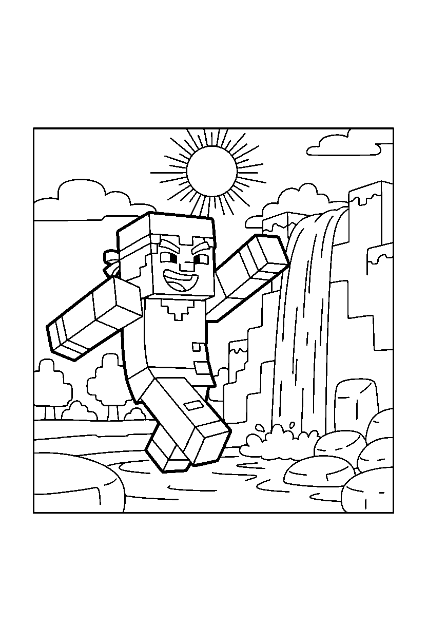 minecraft pillager running happily near a waterfall line art