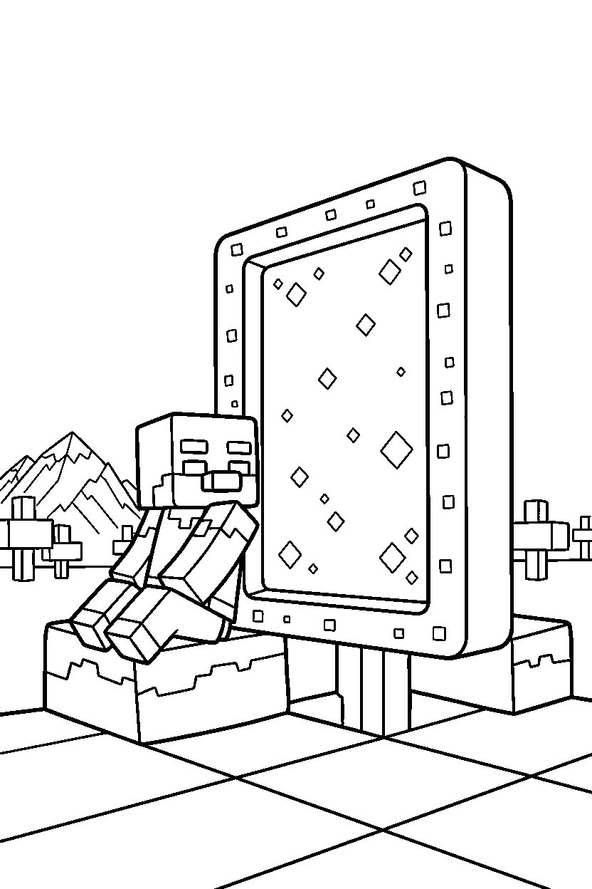 minecraft pillager sitting calmly near a portal line art