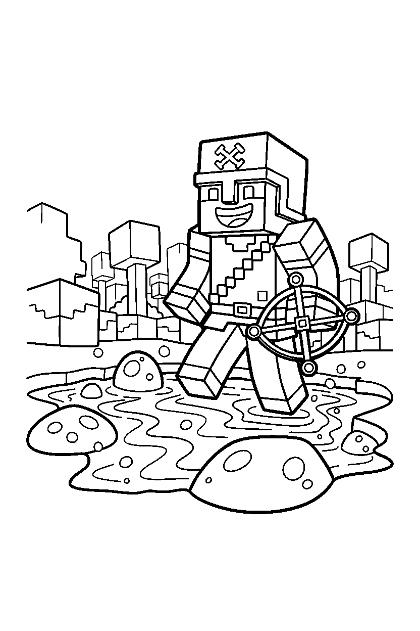 minecraft pillager smiling happily near a lava lake line art