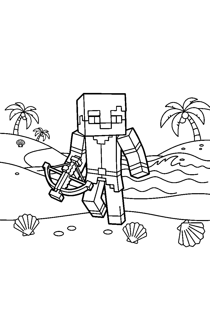 minecraft pillager wandering curiously on a beach line art