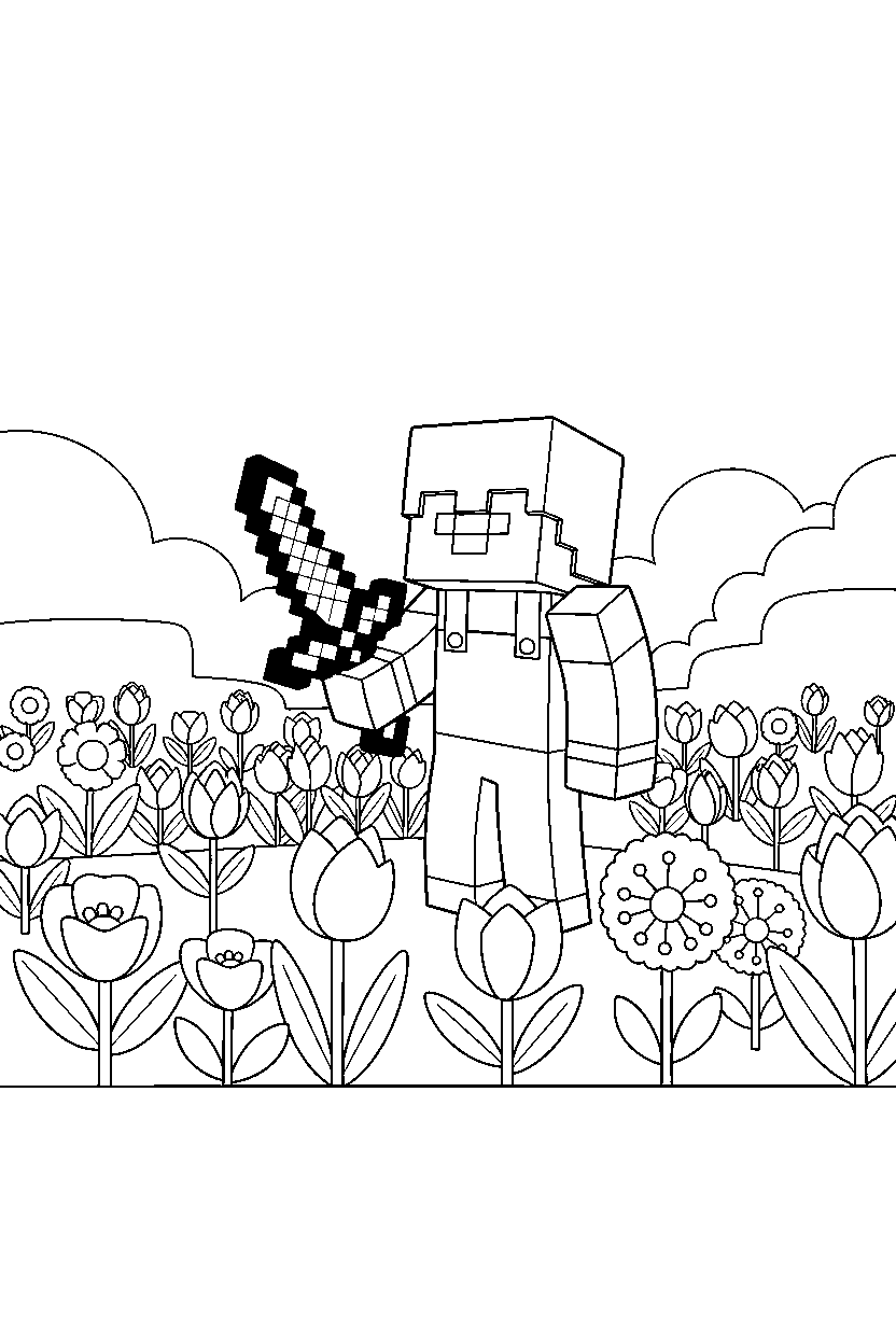 minecraft player with sword watching in flower field line art