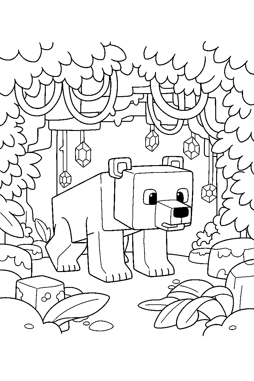 minecraft polar bear listening carefully in a lush cave line art