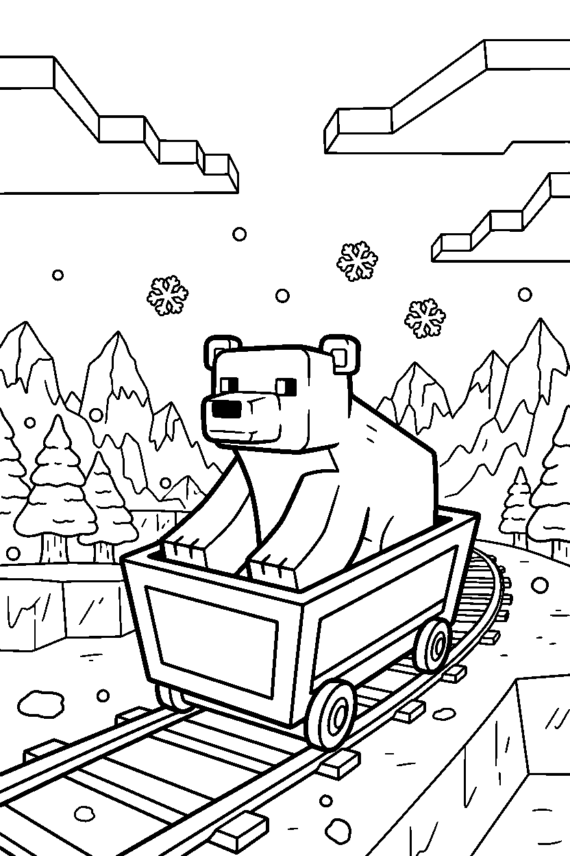 minecraft polar bear riding a minecart in frozen peaks line art