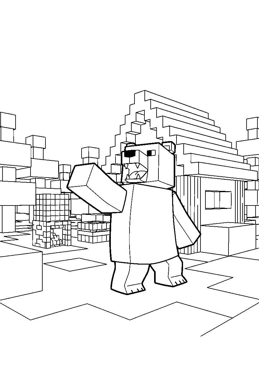 minecraft polar bear roaring playfully in a survival base line art