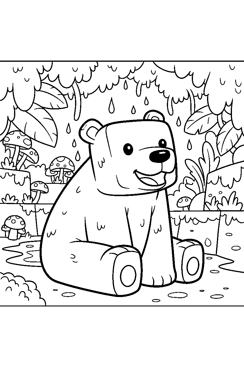 minecraft polar bear smiling happily in a lush cave line art