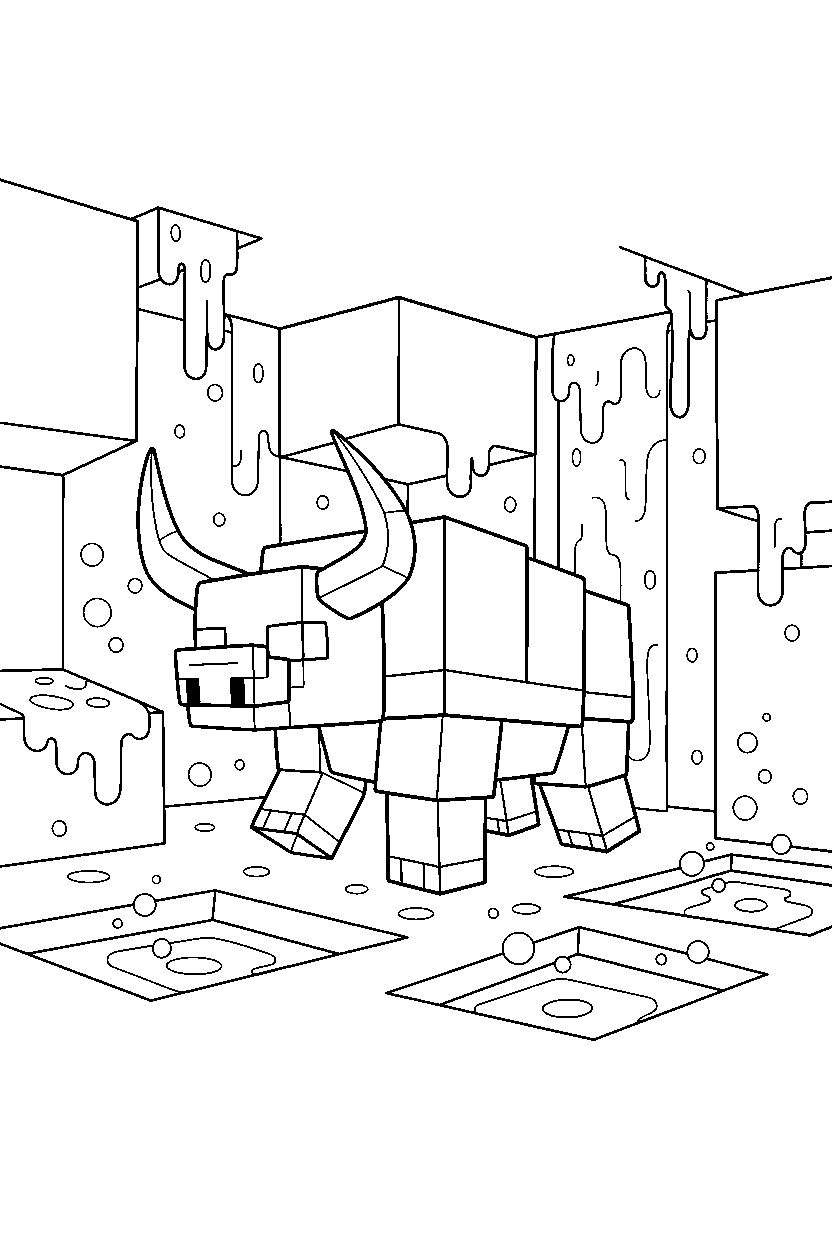 minecraft ravager exploring in lava cave line art