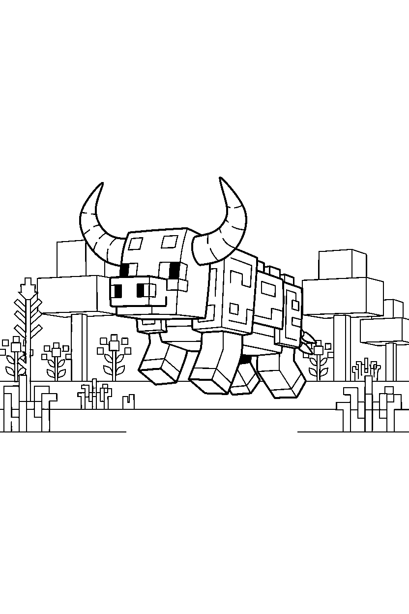 minecraft ravager gliding calmly in a meadow line art