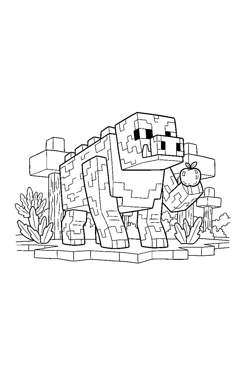 minecraft ravager holding an apple in a dark forest line art