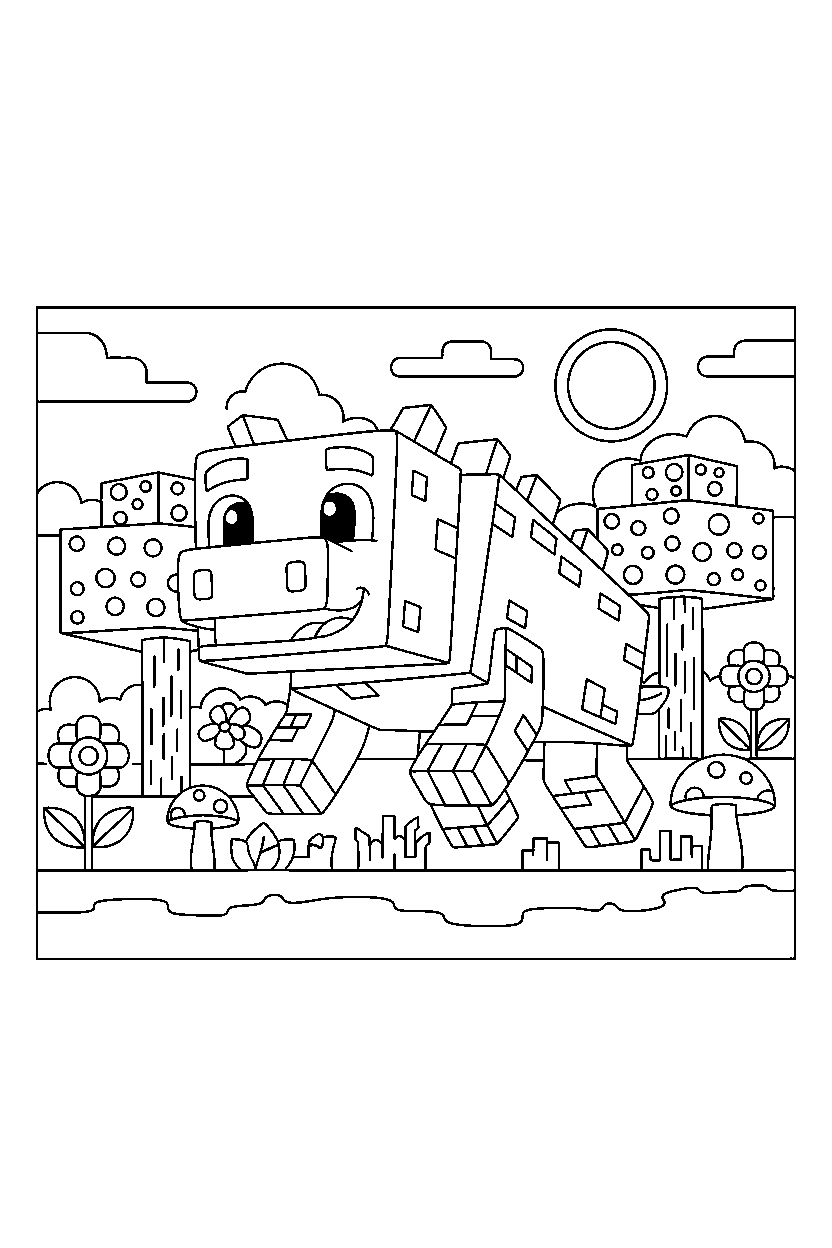 minecraft ravager playing happily in a forest line art
