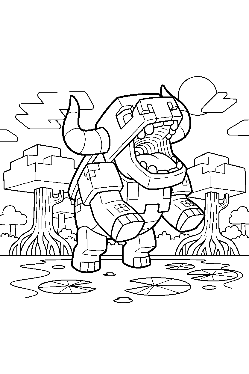 minecraft ravager roaring playfully in a mangrove swamp line art