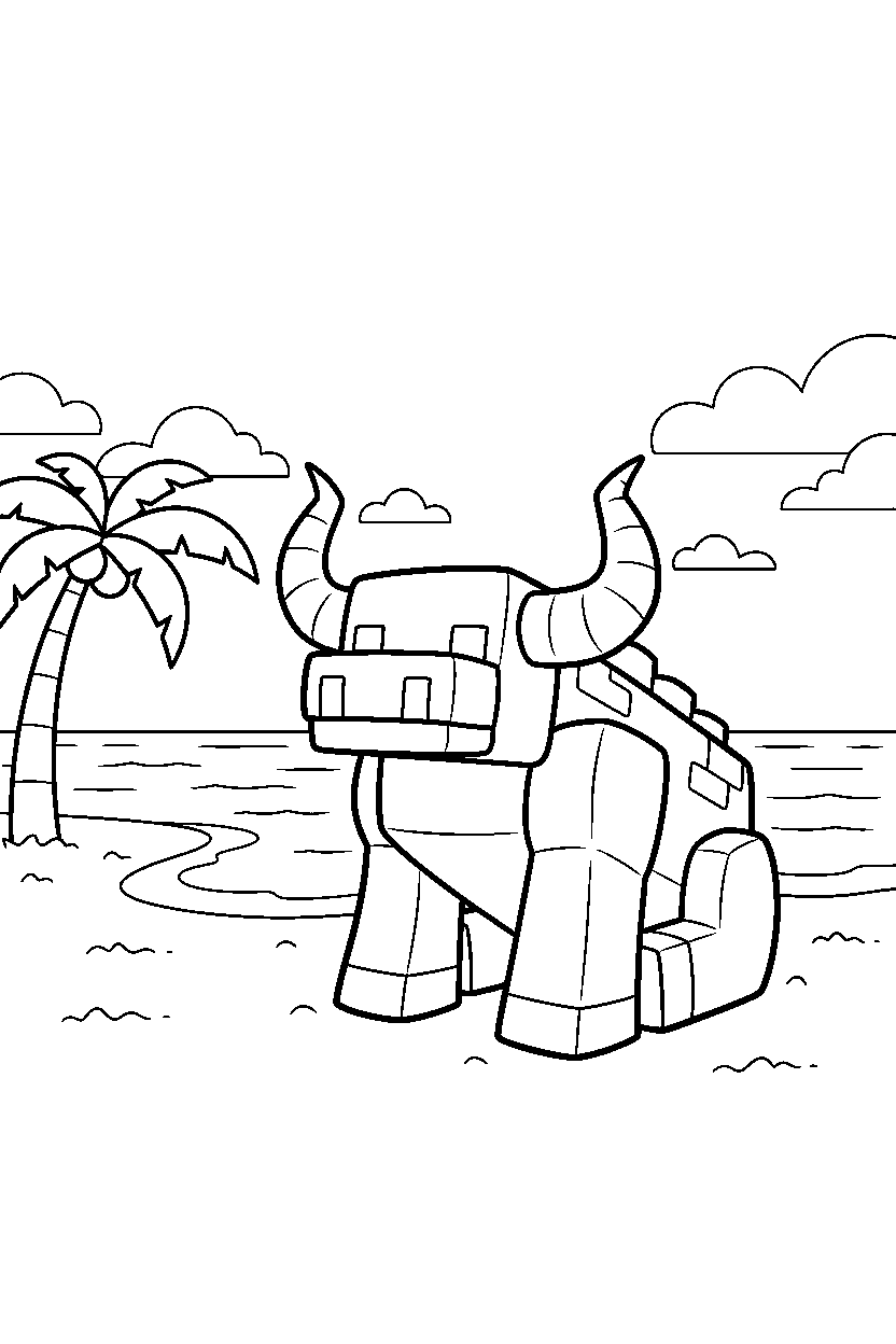 minecraft ravager sitting calmly on a beach line art
