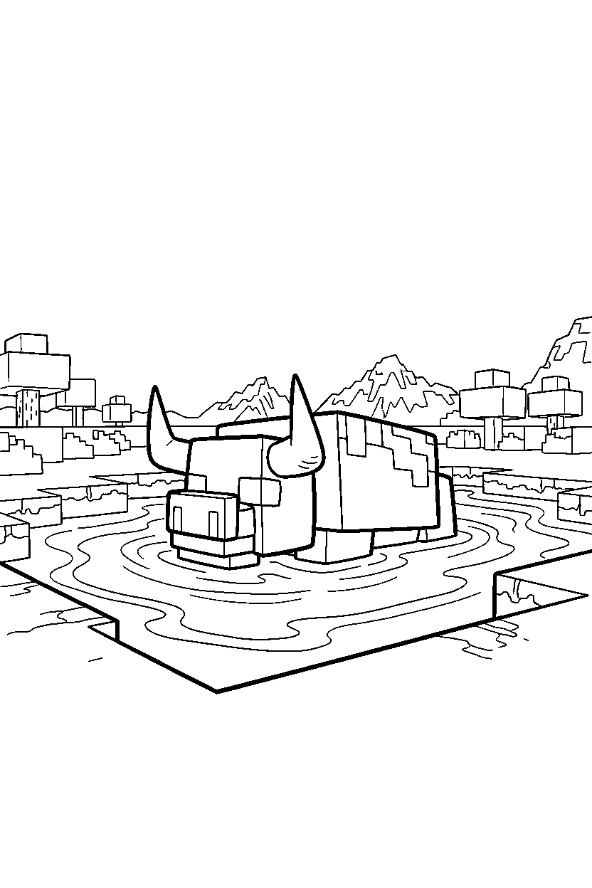 minecraft ravager swimming calmly near a lava lake line art