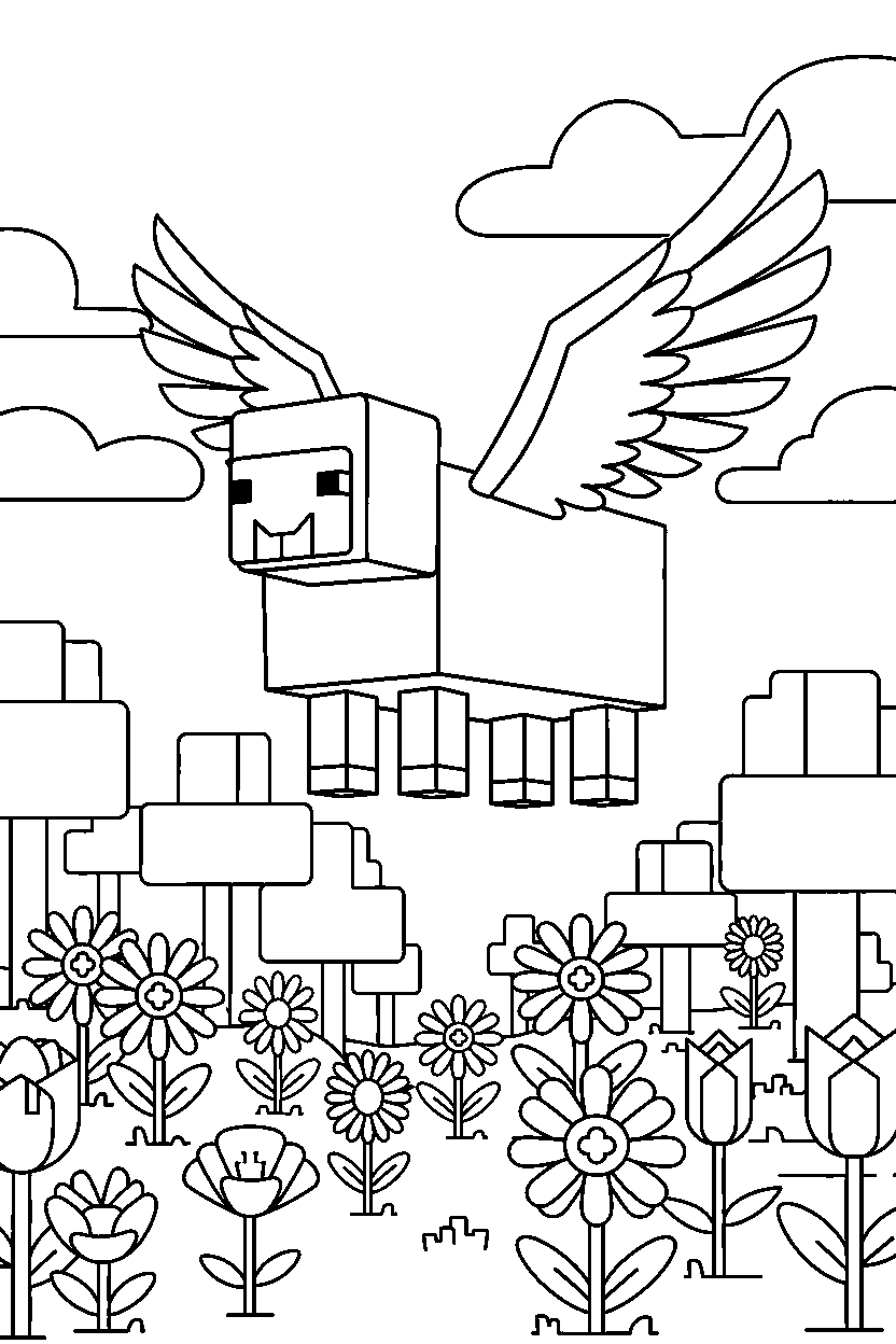 minecraft sheep flying calmly in a flower forest line art