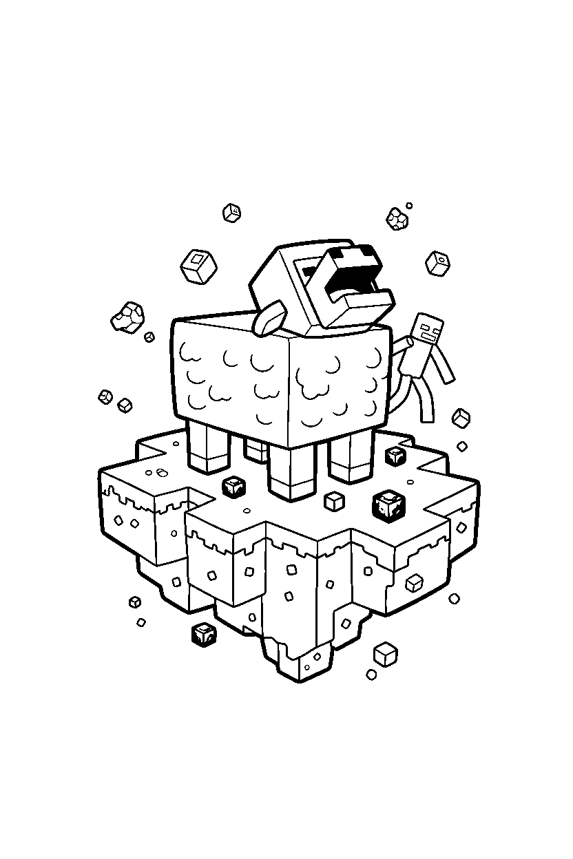 minecraft sheep howling playfully on an end island line art