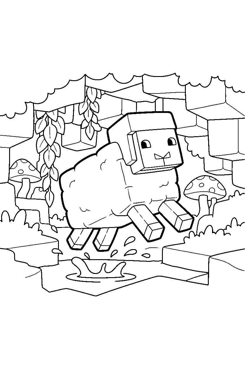minecraft sheep jumping playfully in a lush cave line art