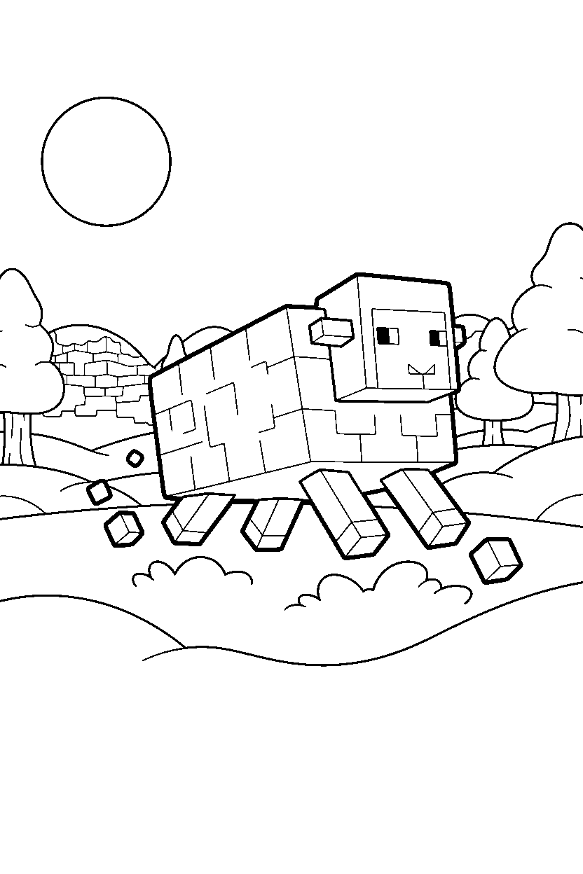 minecraft sheep playing in the snow in a meadow line art