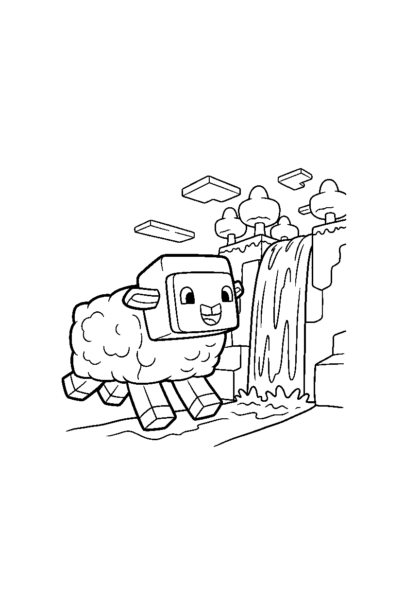 minecraft sheep running happily near a waterfall line art