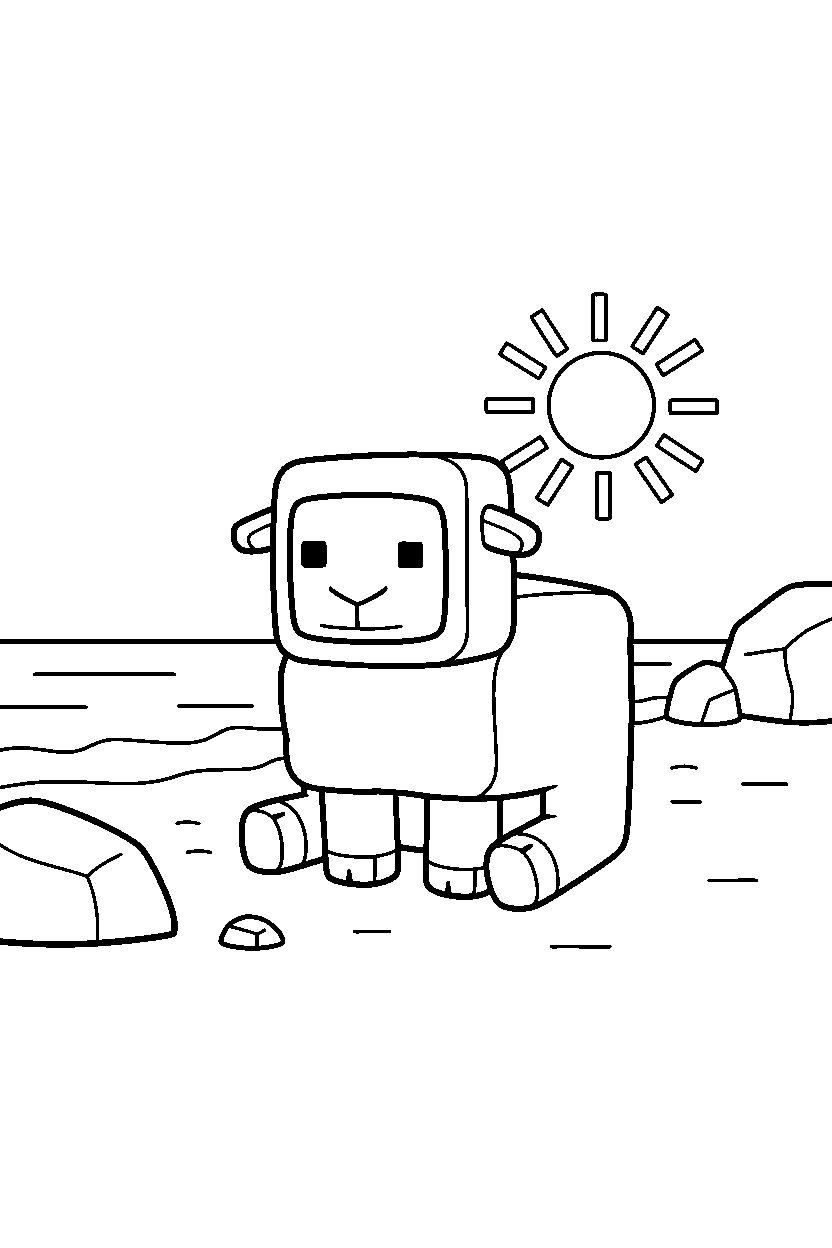 minecraft sheep sitting calmly on a beach line art