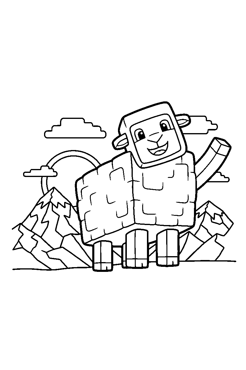 minecraft sheep waving happily in mountains line art