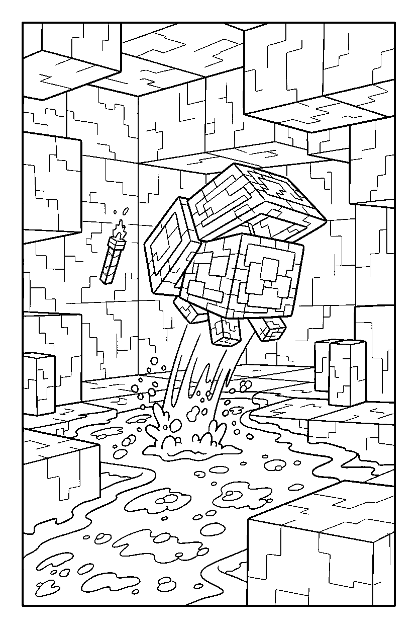 minecraft shulker escaping lava in an underground dungeon line art