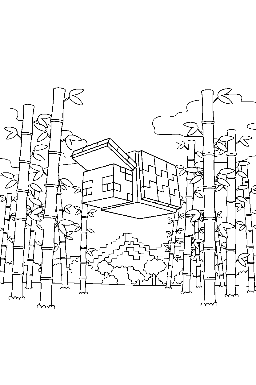 minecraft shulker gliding calmly in a bamboo jungle line art