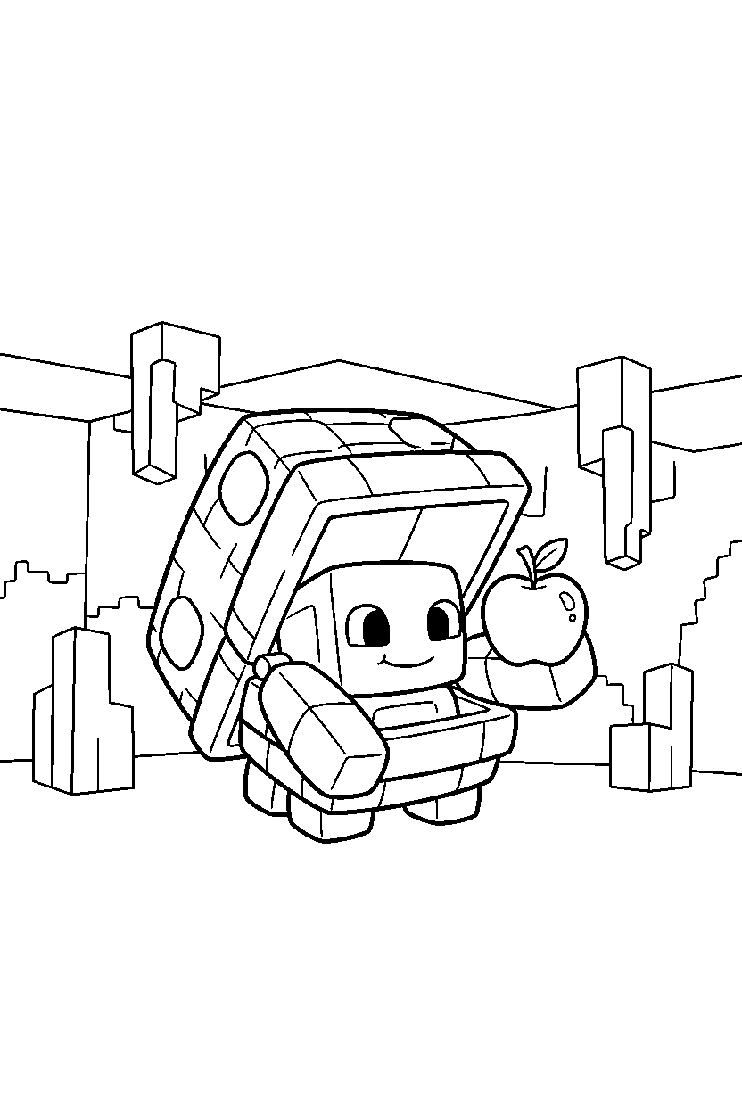 minecraft shulker holding an apple in a cave line art
