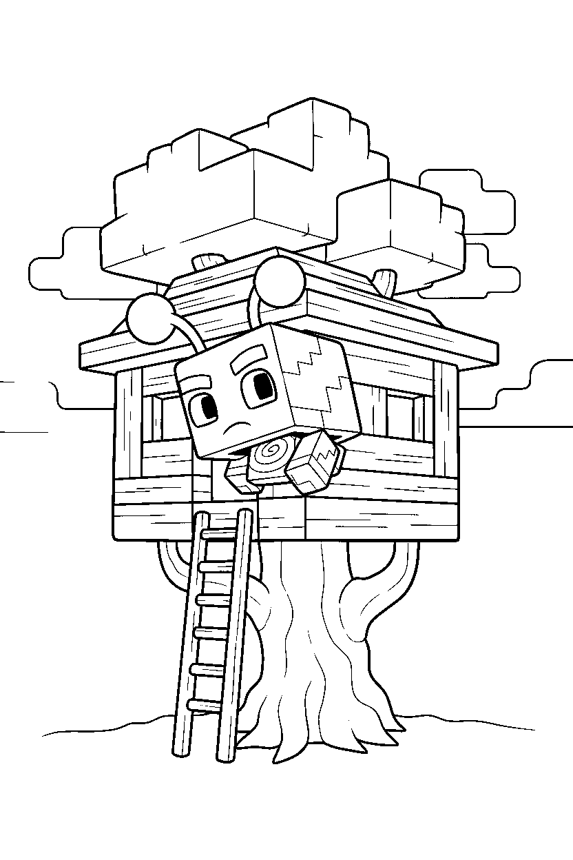 minecraft shulker listening carefully in a treehouse base line art