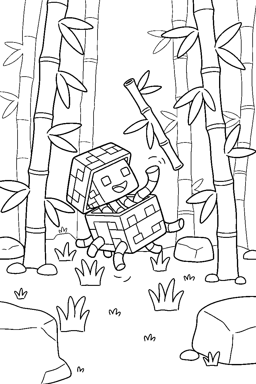 minecraft shulker playing happily in a bamboo jungle line art