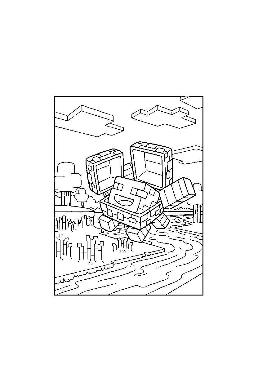 minecraft shulker posing happily near a river line art