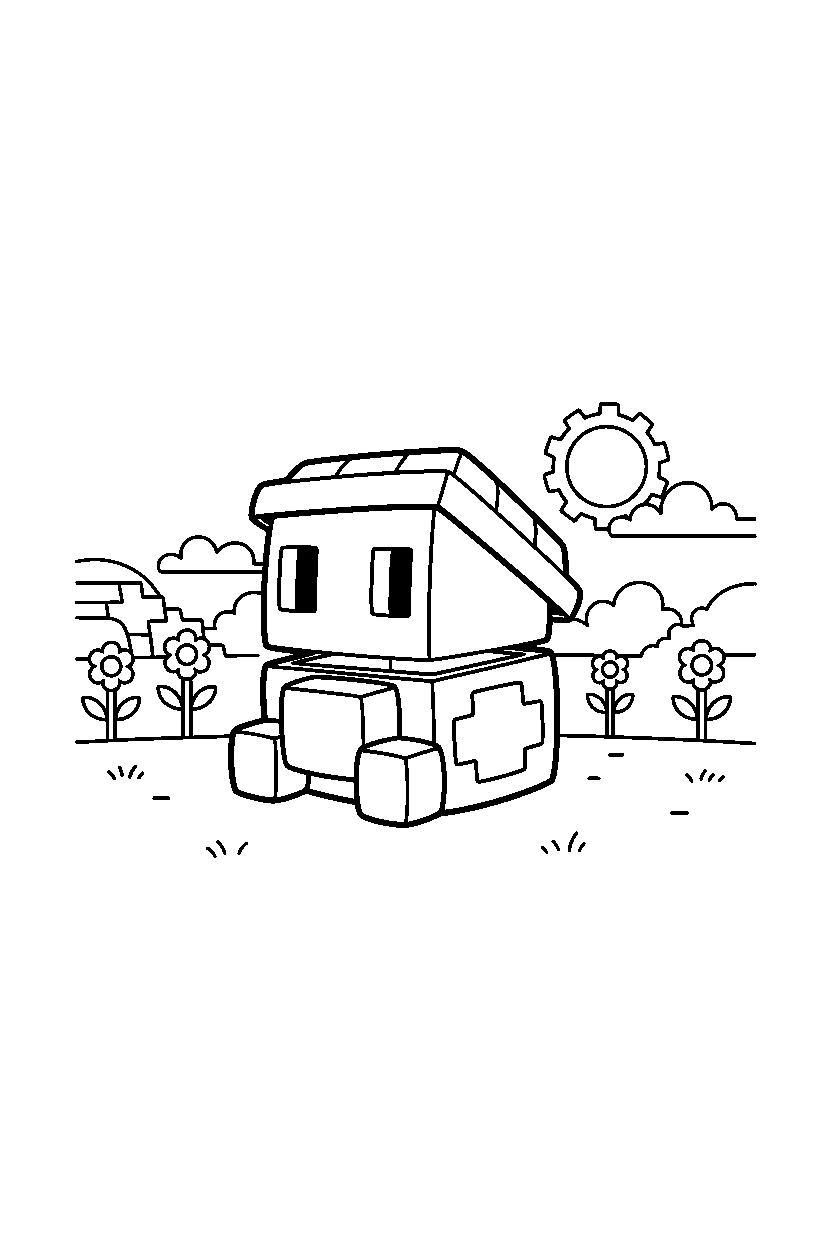 minecraft shulker sitting calmly in a meadow line art