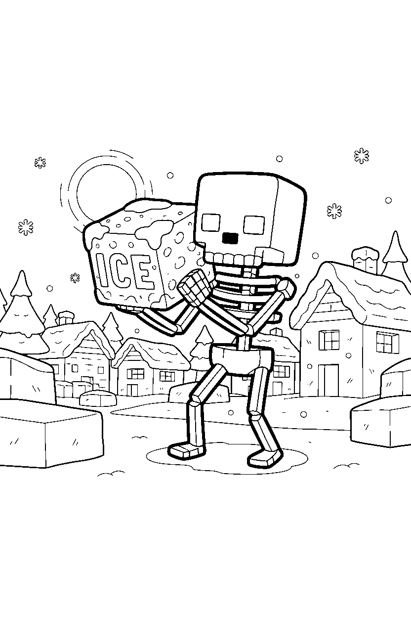 minecraft skeleton carrying a block in a snowy village line art