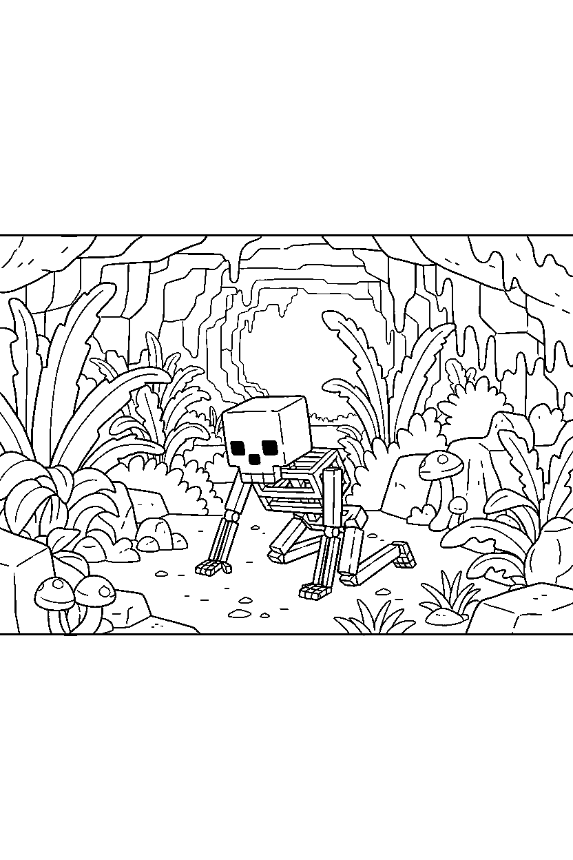 minecraft skeleton crawling calmly in a lush cave line art