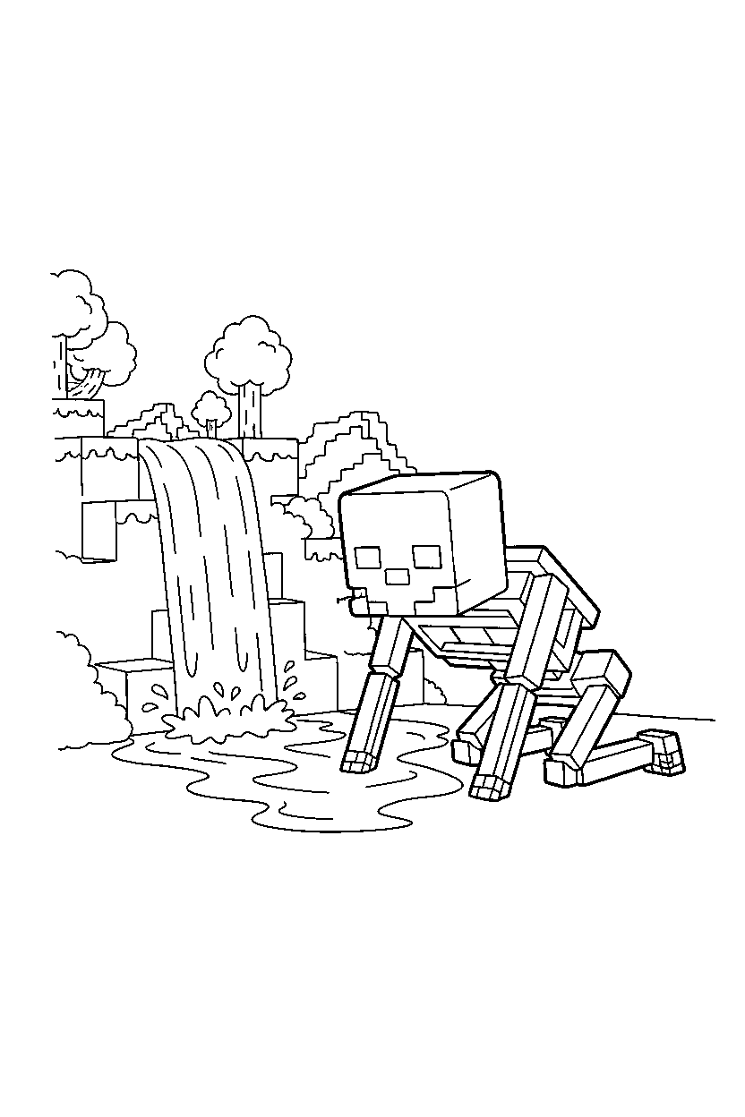 minecraft skeleton crawling calmly near a waterfall line art