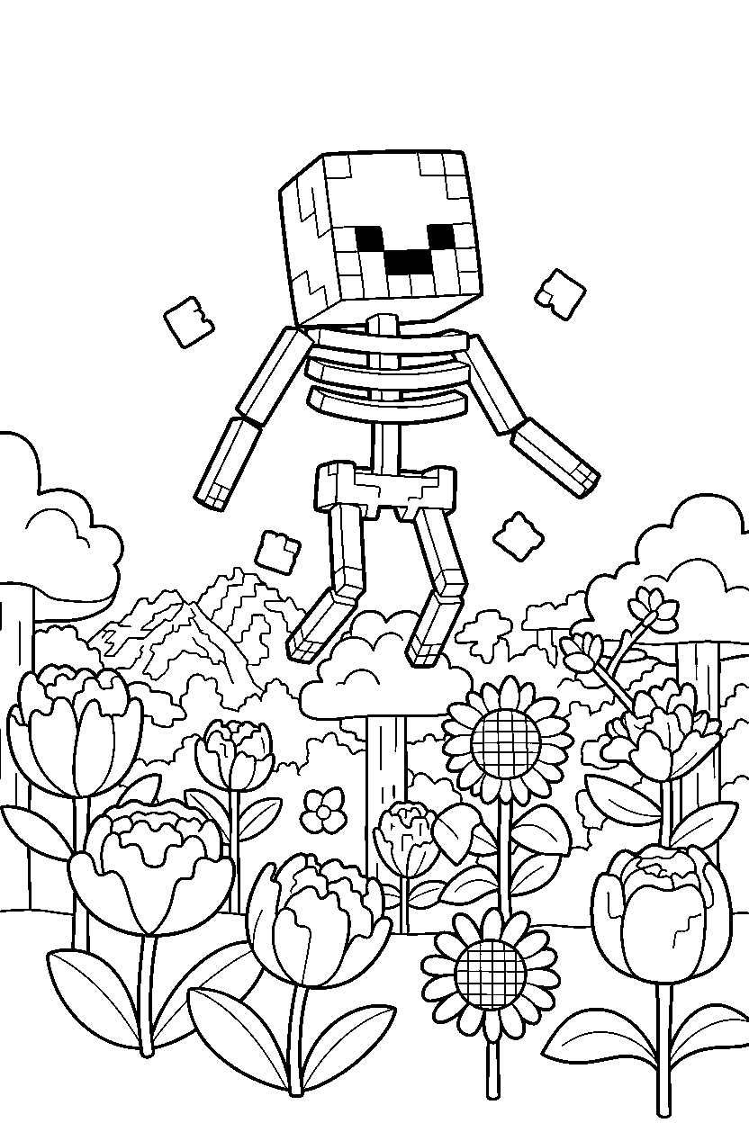 minecraft skeleton flying calmly in a flower forest line art