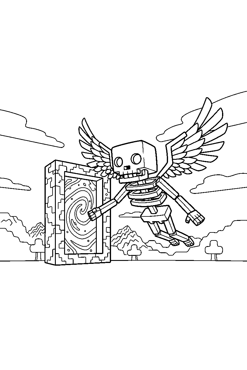 minecraft skeleton flying calmly near a portal line art