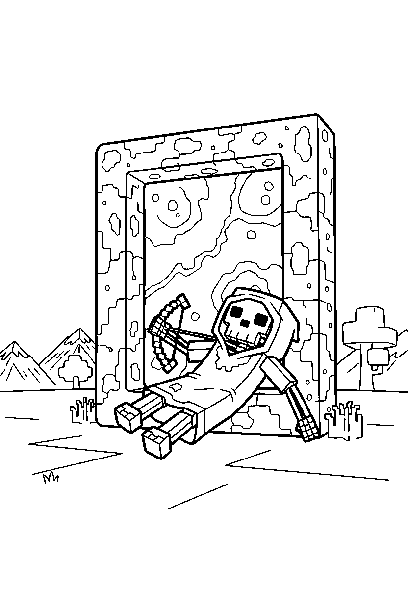 minecraft skeleton gliding calmly near a portal line art
