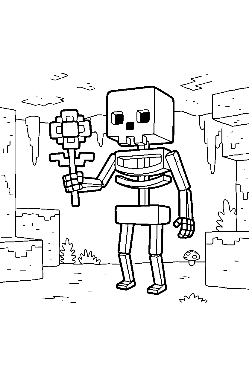 minecraft skeleton holding a flower in a cave line art