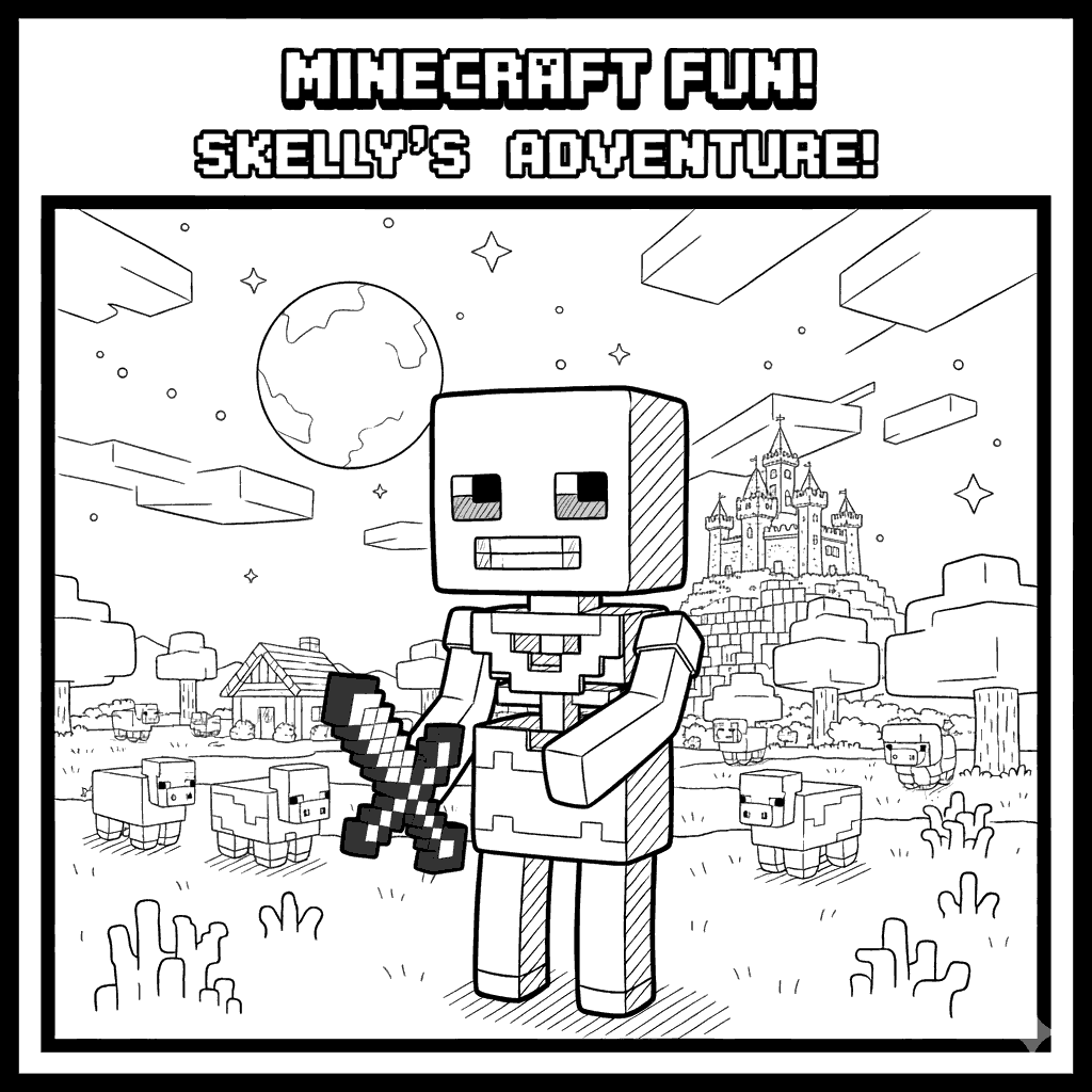 minecraft skeleton knight castle line art