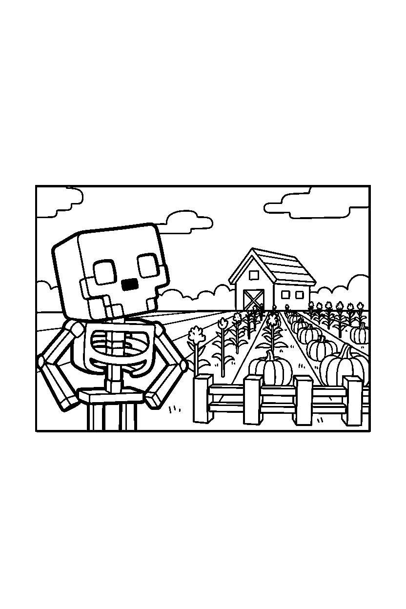 minecraft skeleton looking around curiously near a farm field line art