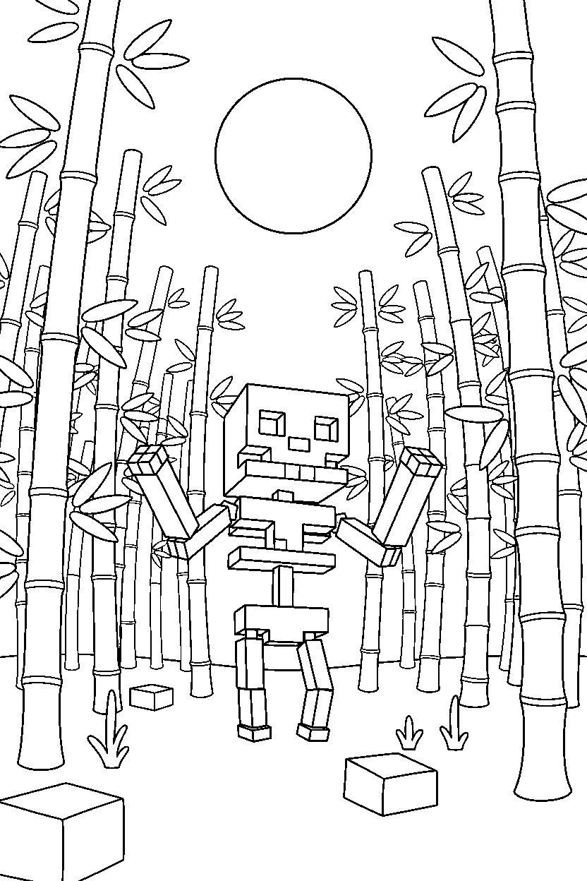 minecraft skeleton looking at the sky in a bamboo jungle line art
