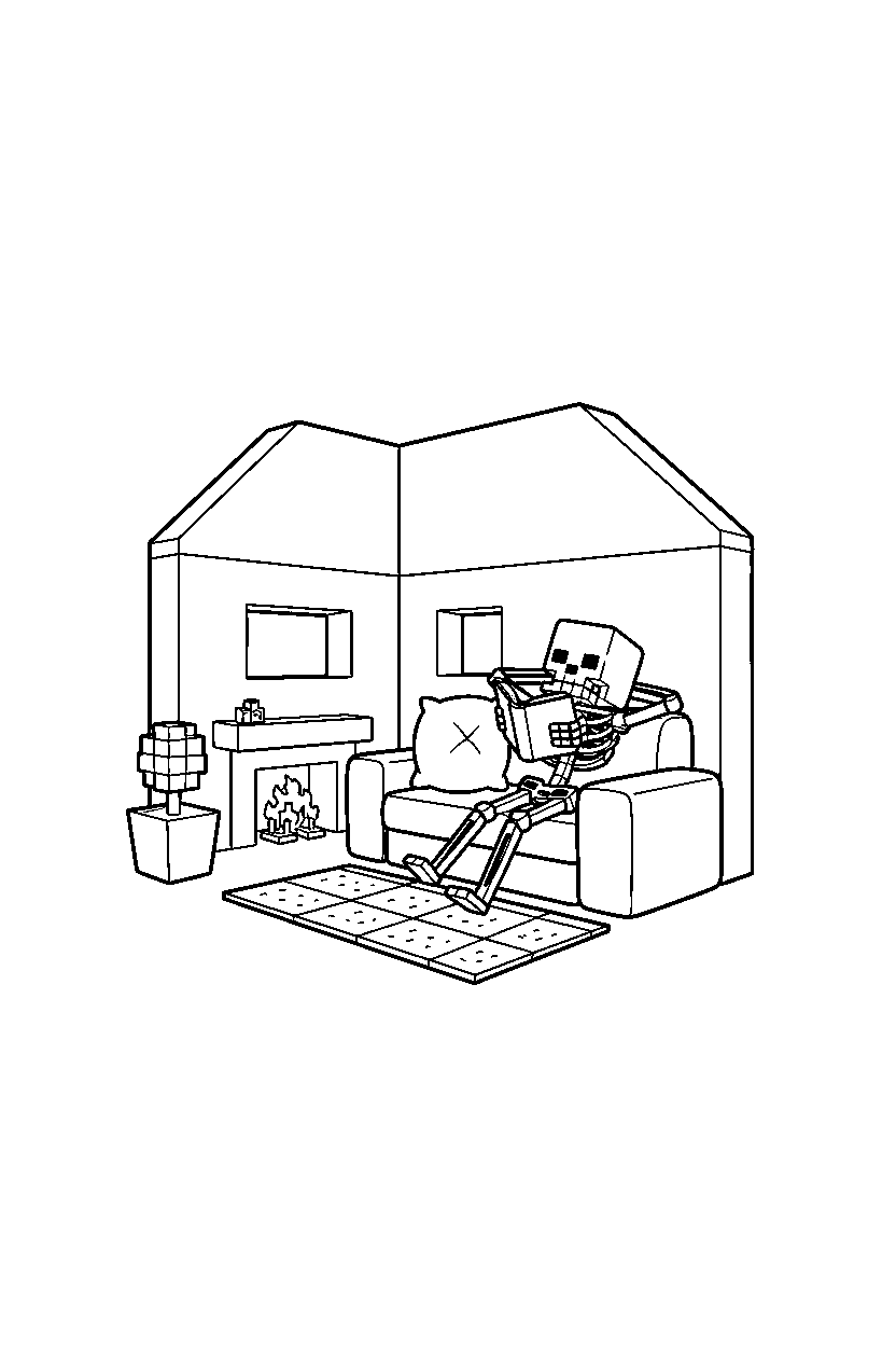 minecraft skeleton relaxing peacefully inside a house line art