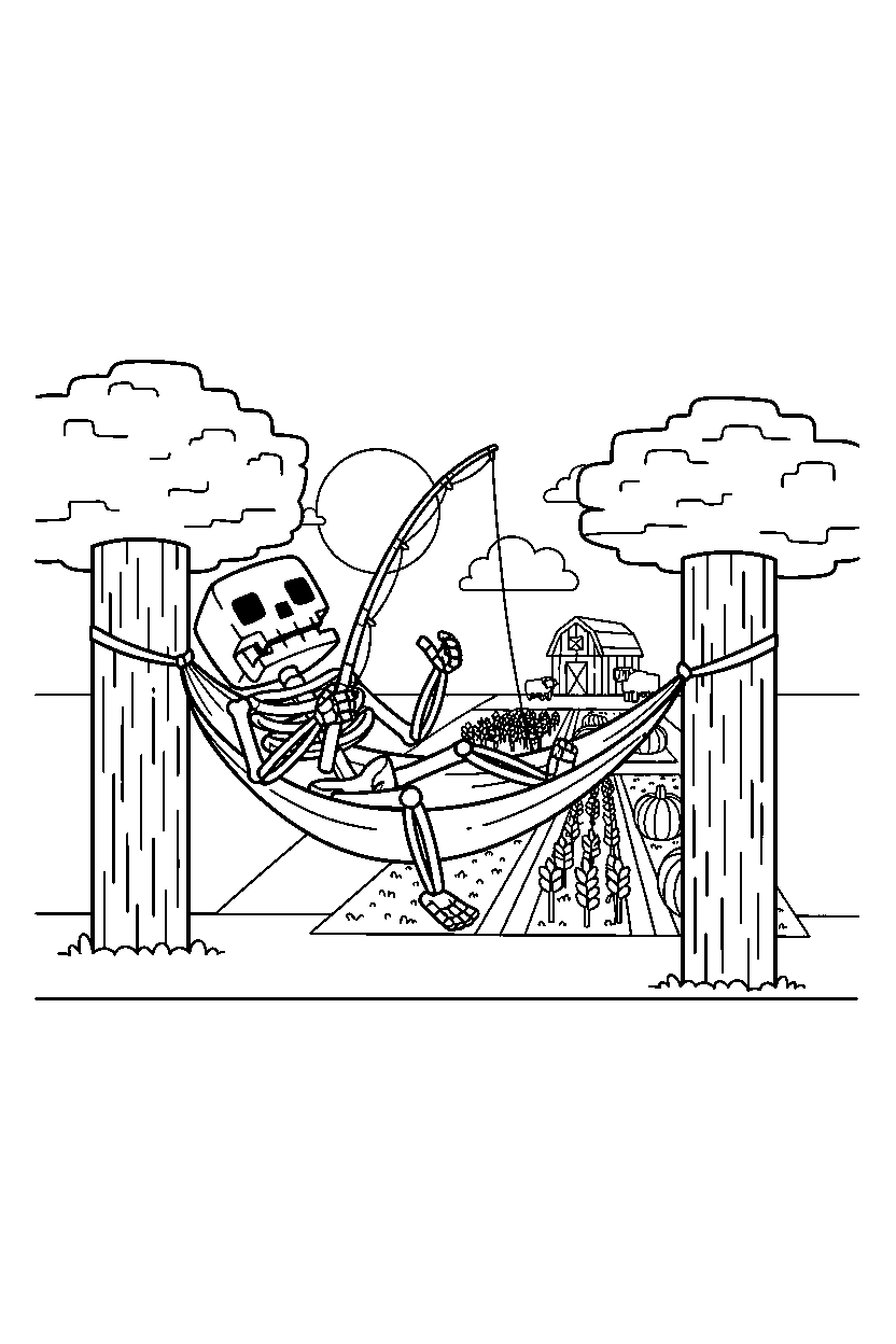 minecraft skeleton relaxing peacefully near a farm field line art