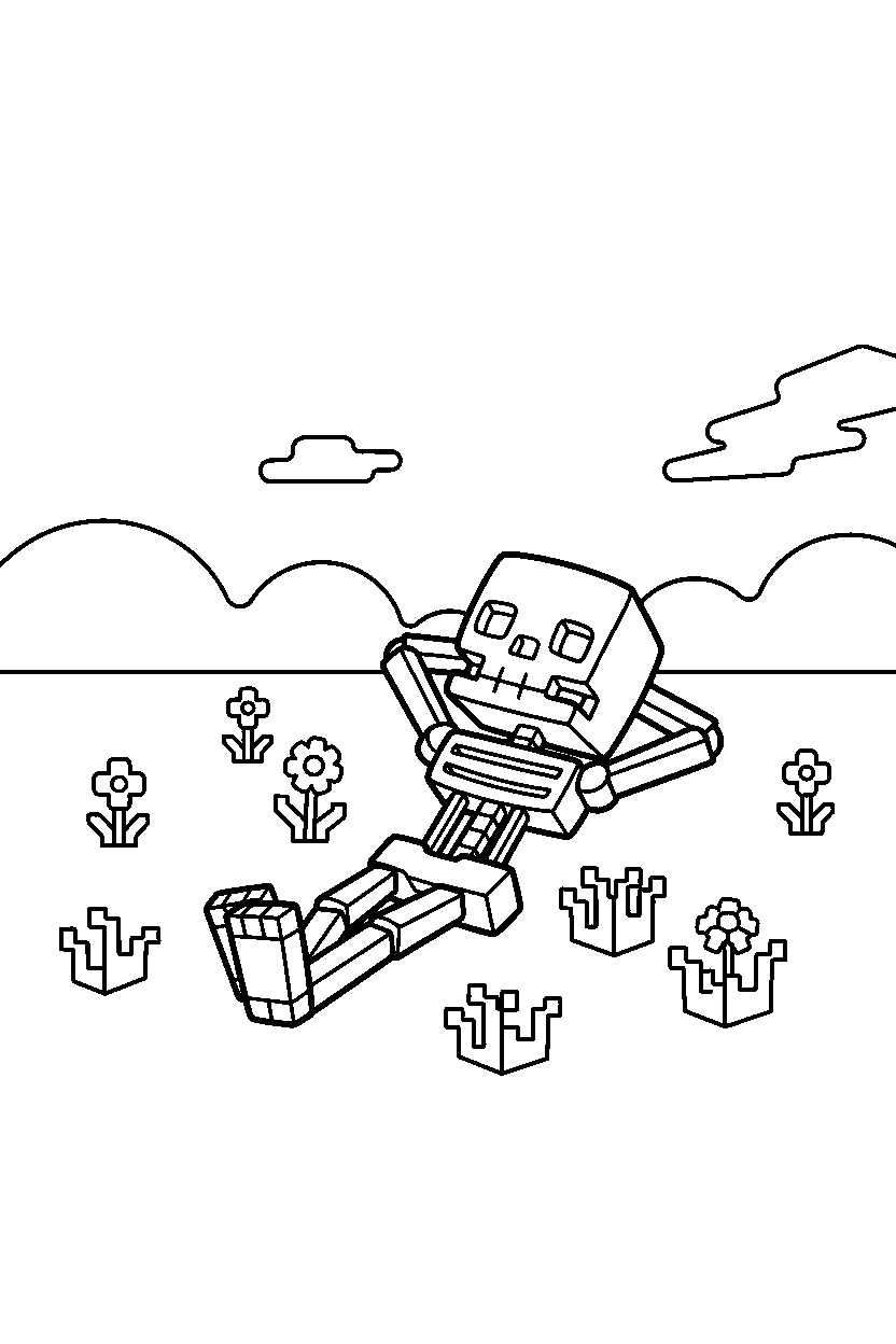 minecraft skeleton resting calmly in a meadow line art