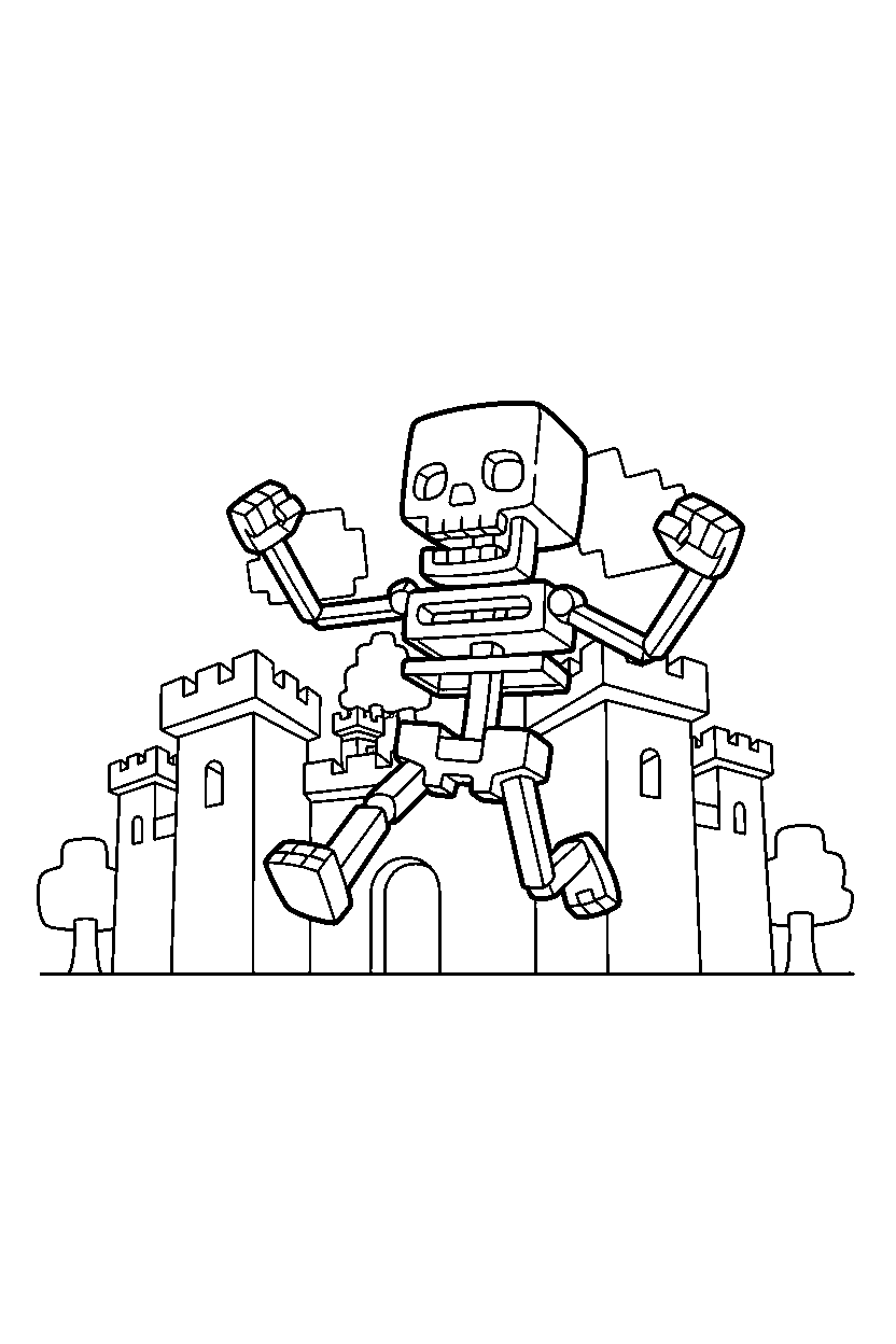 minecraft skeleton running happily in a castle base line art