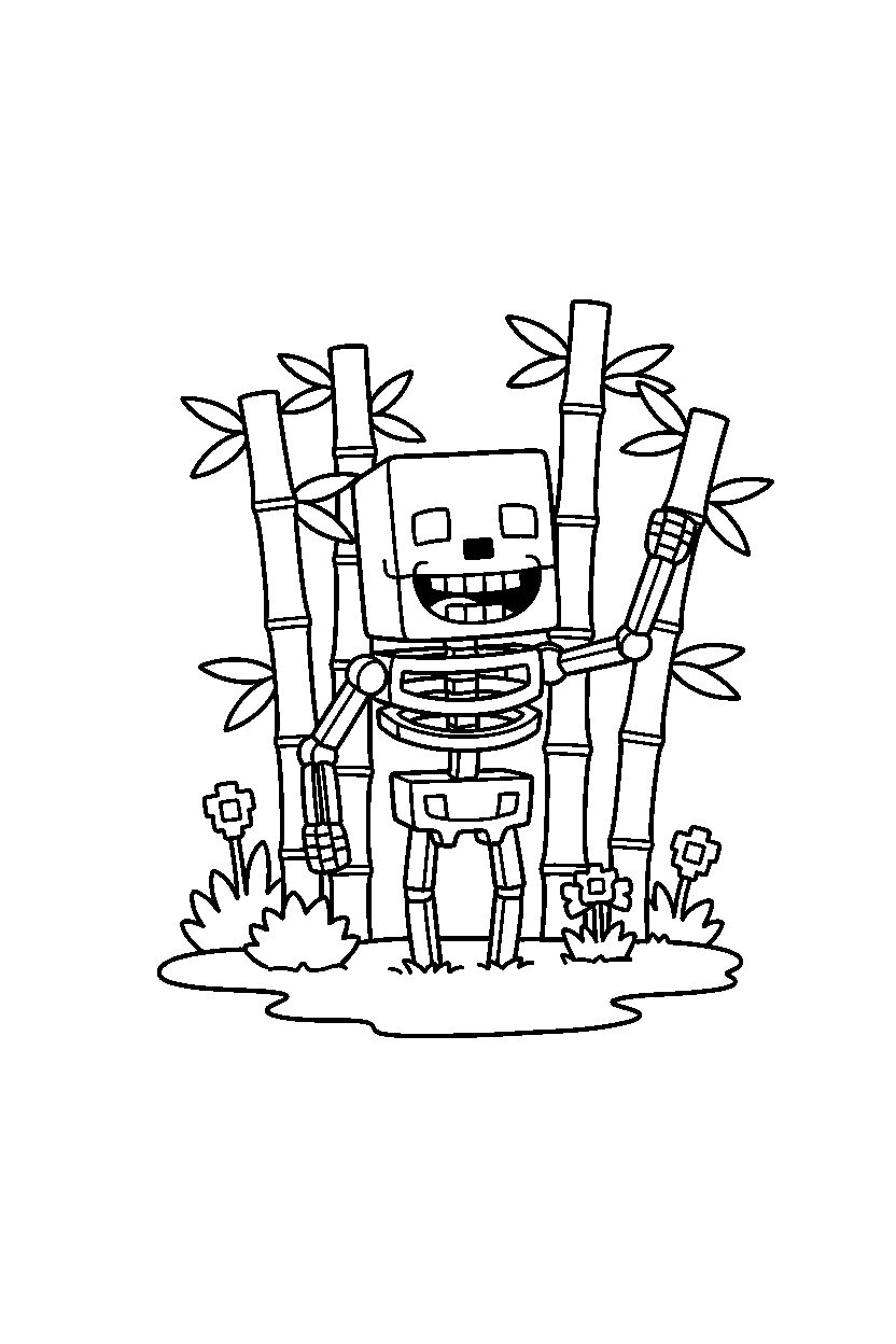 minecraft skeleton smiling happily in a bamboo jungle line art
