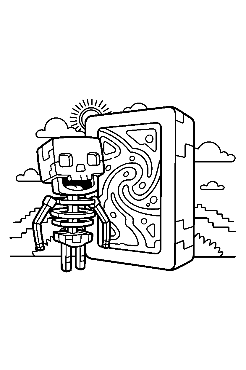 minecraft skeleton smiling happily near a portal line art