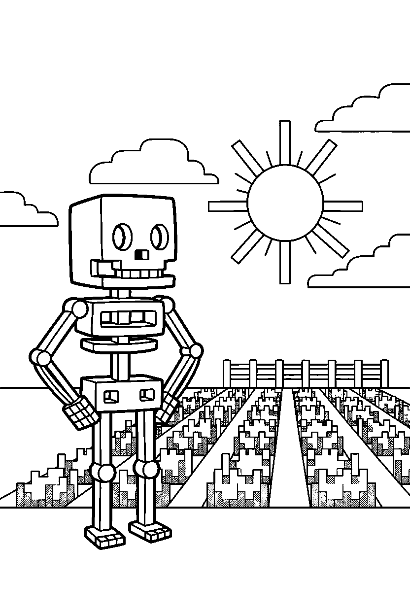 minecraft skeleton standing calmly near a farm field line art
