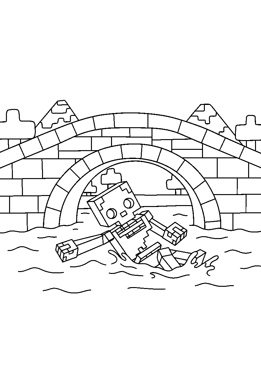 minecraft skeleton swimming calmly on a bridge line art