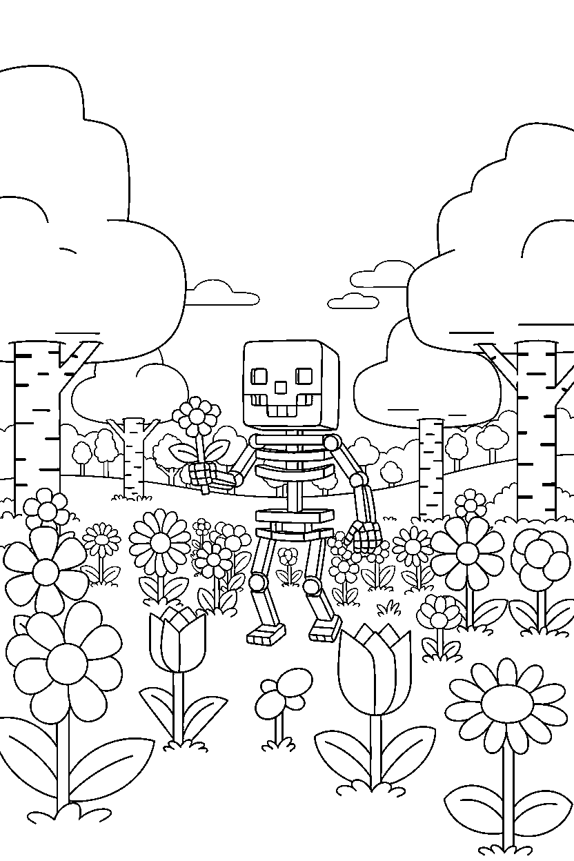 minecraft skeleton walking happily in a flower forest line art